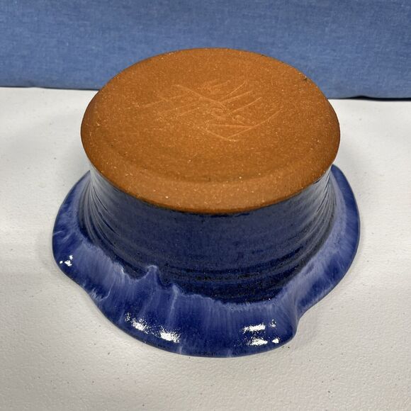 Signed Handmade Pottery Bowl Vase Cobalt Blue Clay bottom Drip Art Studio 8" - Picture 8 of 8